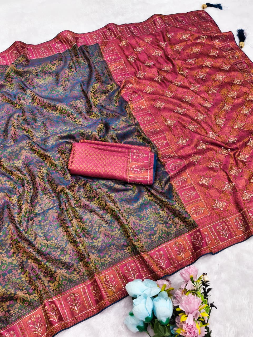 AJ-SAYAR KALAMKARI SATIN FABRIC SAREE WITH RICH PALLU AND HEAVY JARKAN WORK WITH EITHER JHAL DESIGN WITH MEENAKARI WORK WITH BROCADE BLOUSE
