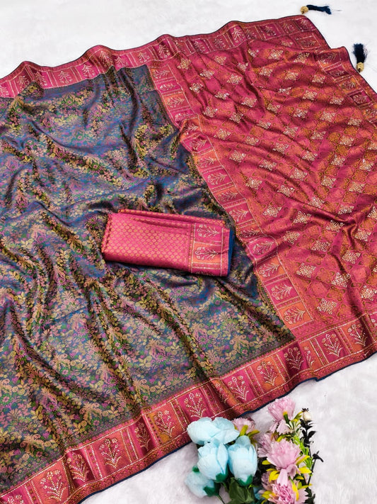 AJ-SAYAR KALAMKARI SATIN FABRIC SAREE WITH RICH PALLU AND HEAVY JARKAN WORK WITH EITHER JHAL DESIGN WITH MEENAKARI WORK WITH BROCADE BLOUSE