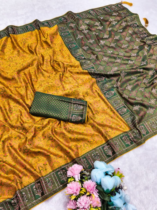AJ-SAYAR KALAMKARI SATIN FABRIC SAREE WITH RICH PALLU AND HEAVY JARKAN WORK WITH EITHER JHAL DESIGN WITH MEENAKARI WORK WITH BROCADE BLOUSE
