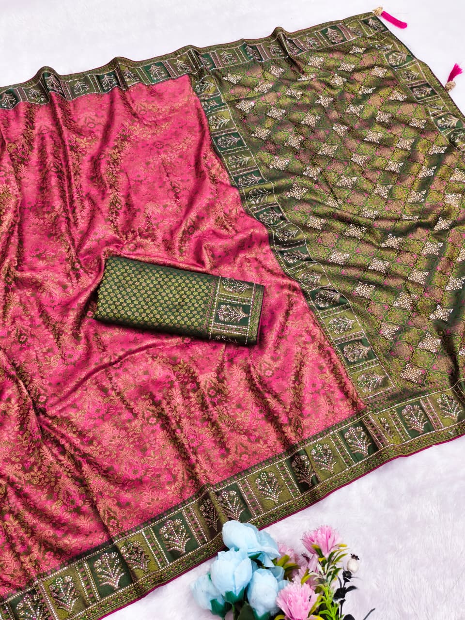 AJ-SAYAR KALAMKARI SATIN FABRIC SAREE WITH RICH PALLU AND HEAVY JARKAN WORK WITH EITHER JHAL DESIGN WITH MEENAKARI WORK WITH BROCADE BLOUSE