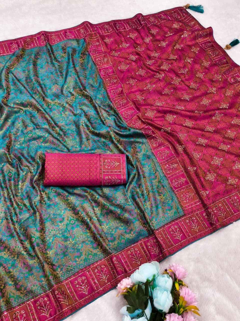 AJ-SAYAR KALAMKARI SATIN FABRIC SAREE WITH RICH PALLU AND HEAVY JARKAN WORK WITH EITHER JHAL DESIGN WITH MEENAKARI WORK WITH BROCADE BLOUSE