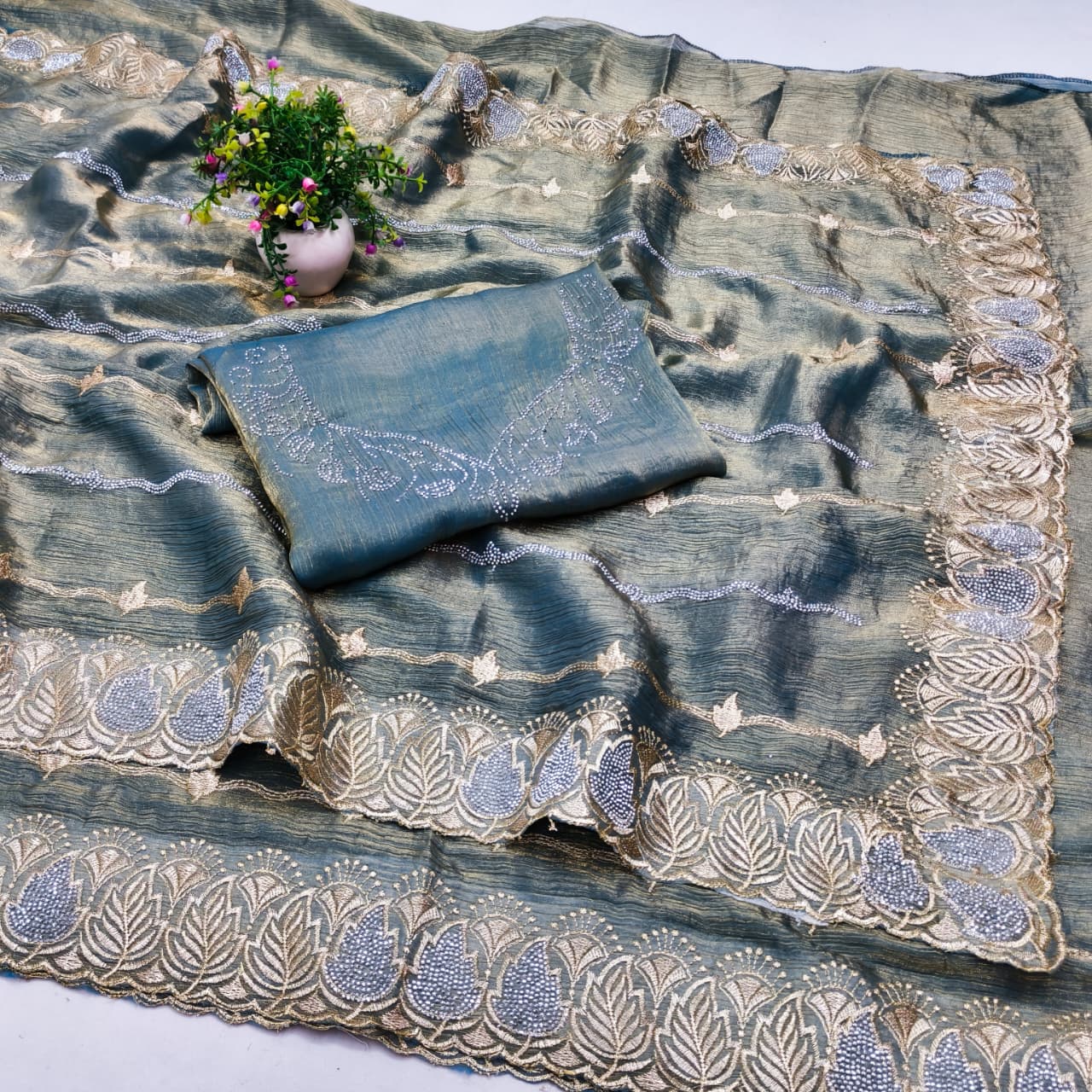 DF-ROHINI FENDI FABRIC SAREE WITH BEAUTIFUL DESIGN WITH EMBROIDERY WORK WITH SMC SIROSKI WORK WITH HEAVY BLOUSE