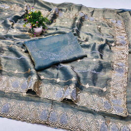 DF-ROHINI FENDI FABRIC SAREE WITH BEAUTIFUL DESIGN WITH EMBROIDERY WORK WITH SMC SIROSKI WORK WITH HEAVY BLOUSE
