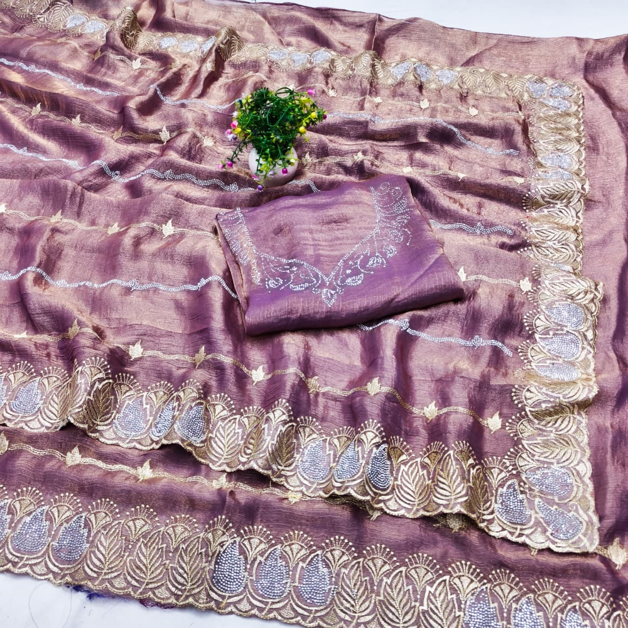 DF-ROHINI FENDI FABRIC SAREE WITH BEAUTIFUL DESIGN WITH EMBROIDERY WORK WITH SMC SIROSKI WORK WITH HEAVY BLOUSE