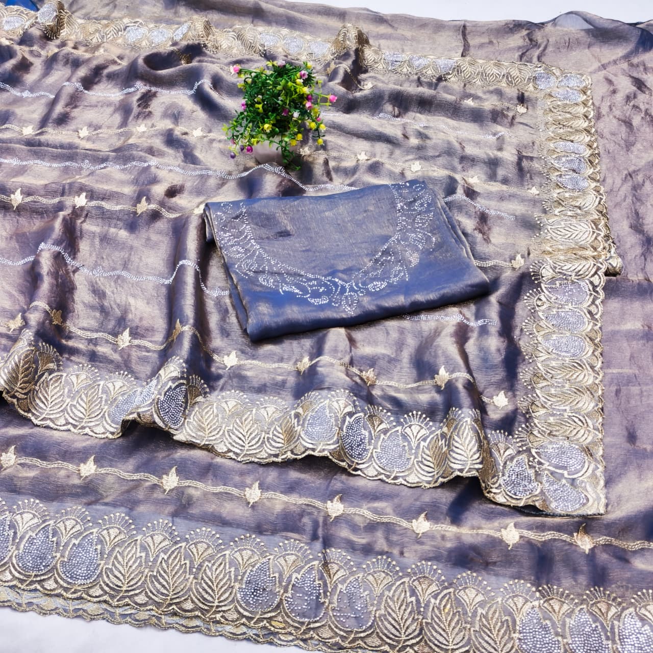 DF-ROHINI FENDI FABRIC SAREE WITH BEAUTIFUL DESIGN WITH EMBROIDERY WORK WITH SMC SIROSKI WORK WITH HEAVY BLOUSE