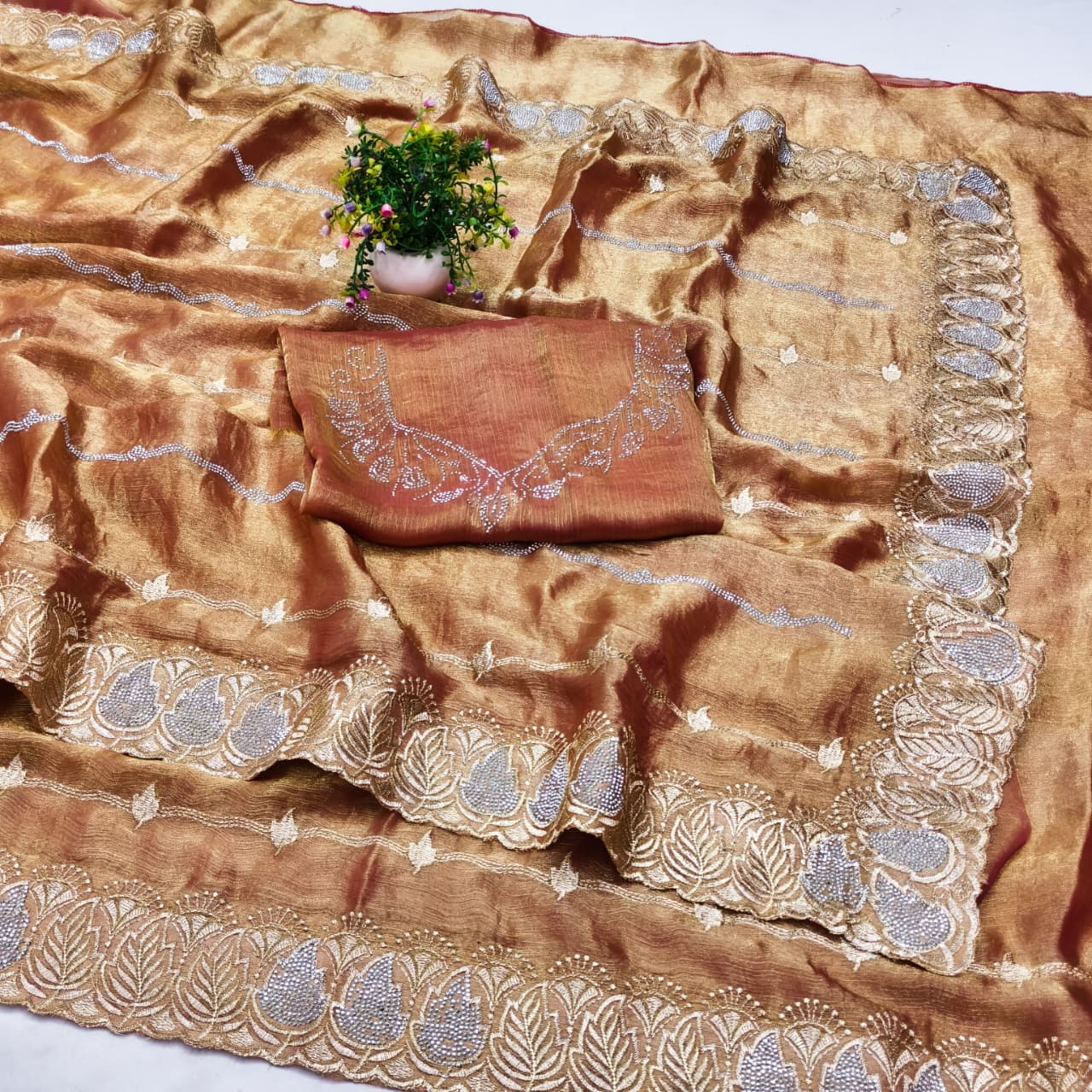 DF-ROHINI FENDI FABRIC SAREE WITH BEAUTIFUL DESIGN WITH EMBROIDERY WORK WITH SMC SIROSKI WORK WITH HEAVY BLOUSE