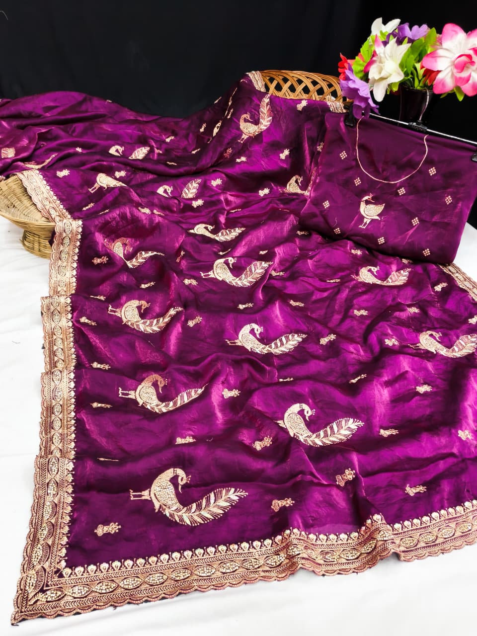 DF-PEACOCK FENDI SATIN FABRIC SAREE WITH BEAUTIFUL EMBROIDERY WORK WITH PEACOCK  DESIGN WITH JARKAN WORK WITH MODERN LOOK SAREE WITH HEAVY BLOUSE