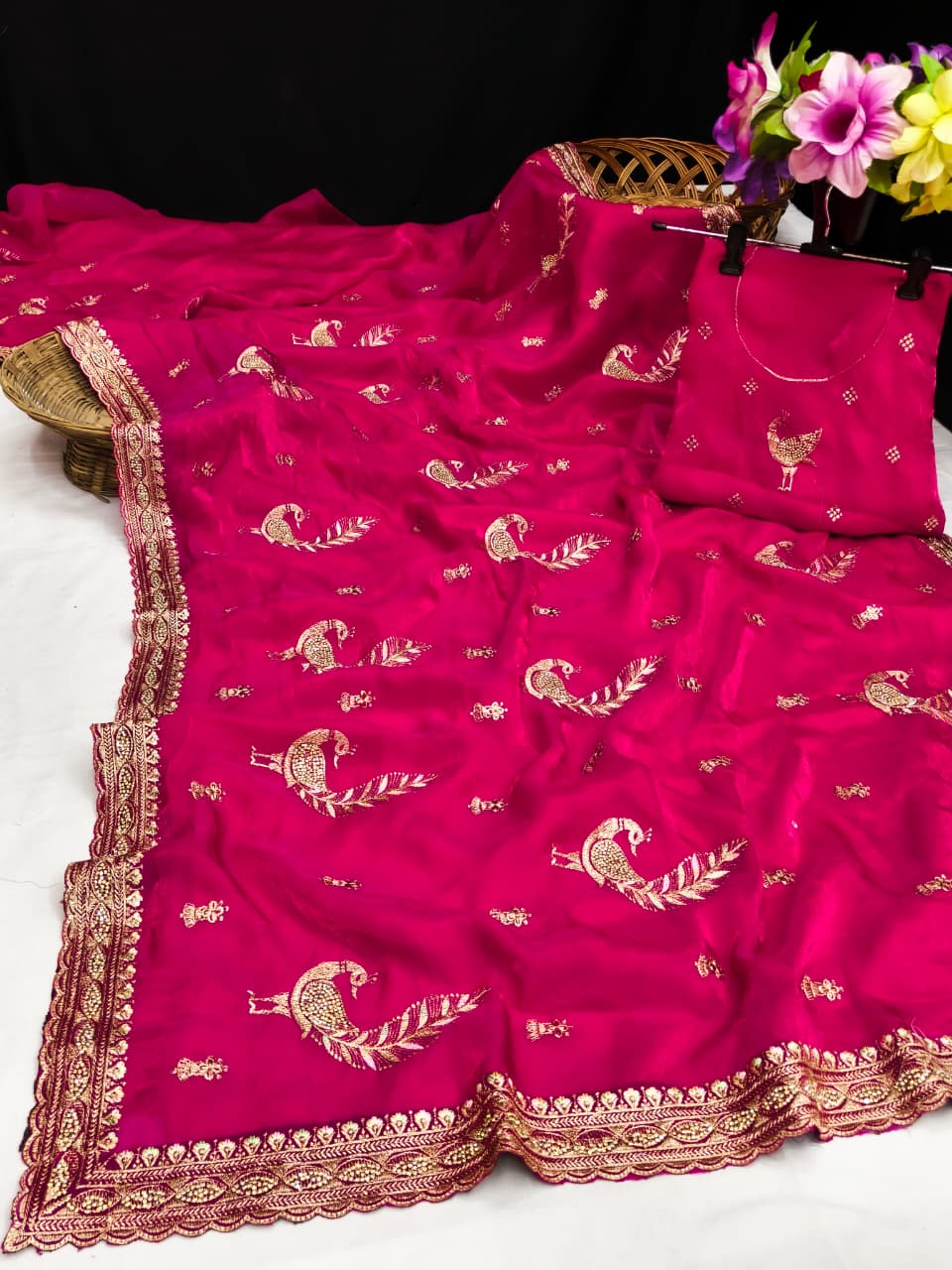 DF-PEACOCK FENDI SATIN FABRIC SAREE WITH BEAUTIFUL EMBROIDERY WORK WITH PEACOCK  DESIGN WITH JARKAN WORK WITH MODERN LOOK SAREE WITH HEAVY BLOUSE