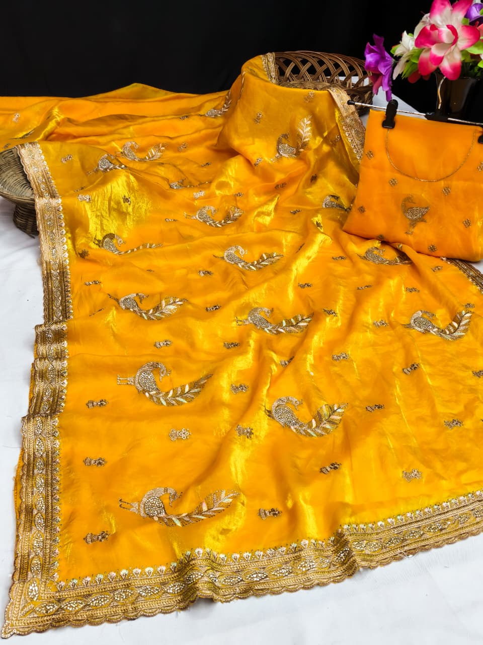 DF-PEACOCK FENDI SATIN FABRIC SAREE WITH BEAUTIFUL EMBROIDERY WORK WITH PEACOCK  DESIGN WITH JARKAN WORK WITH MODERN LOOK SAREE WITH HEAVY BLOUSE