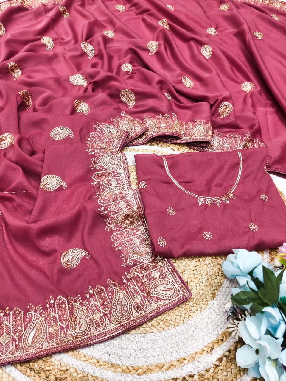 DF-MANGO STAR GEORGETTE FABRIC SAREE WITH  EMBROIDERY WORK WITH BEAUTIFUL DESIGN  WITH BLOUSE