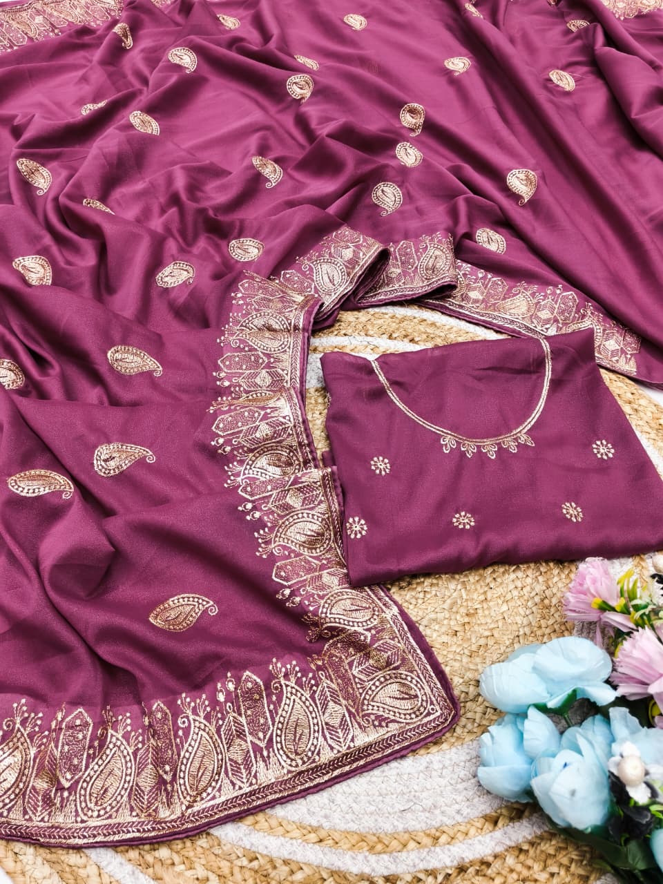 DF-MANGO STAR GEORGETTE FABRIC SAREE WITH  EMBROIDERY WORK WITH BEAUTIFUL DESIGN  WITH BLOUSE