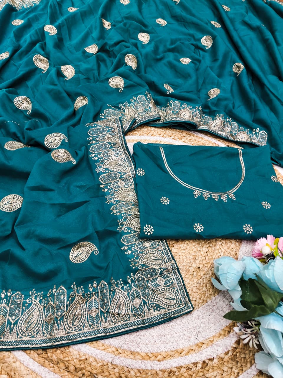 DF-MANGO STAR GEORGETTE FABRIC SAREE WITH  EMBROIDERY WORK WITH BEAUTIFUL DESIGN  WITH BLOUSE