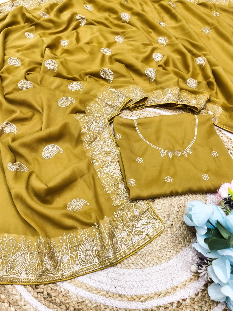 DF-MANGO STAR GEORGETTE FABRIC SAREE WITH  EMBROIDERY WORK WITH BEAUTIFUL DESIGN  WITH BLOUSE