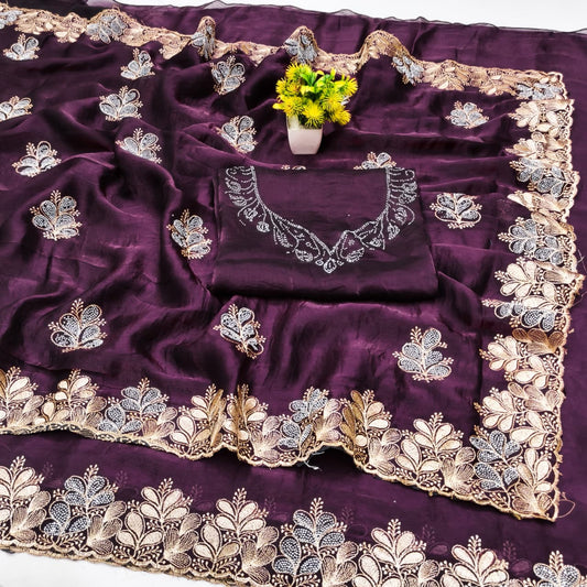 DF-RUBY FENDI FABRIC SAREE WITH BEAUTIFUL DESIGN WITH HEAVY EMBROIDERY WORK WITH HEAVY DMC SIROSKI WORK ON BUTTA WITH HEAVY BLOUSE