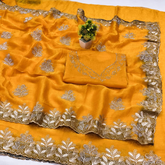 DF-RUBY FENDI FABRIC SAREE WITH BEAUTIFUL DESIGN WITH HEAVY EMBROIDERY WORK WITH HEAVY DMC SIROSKI WORK ON BUTTA WITH HEAVY BLOUSE