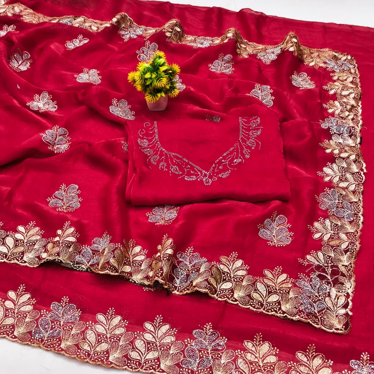 DF-RUBY FENDI FABRIC SAREE WITH BEAUTIFUL DESIGN WITH HEAVY EMBROIDERY WORK WITH HEAVY DMC SIROSKI WORK ON BUTTA WITH HEAVY BLOUSE