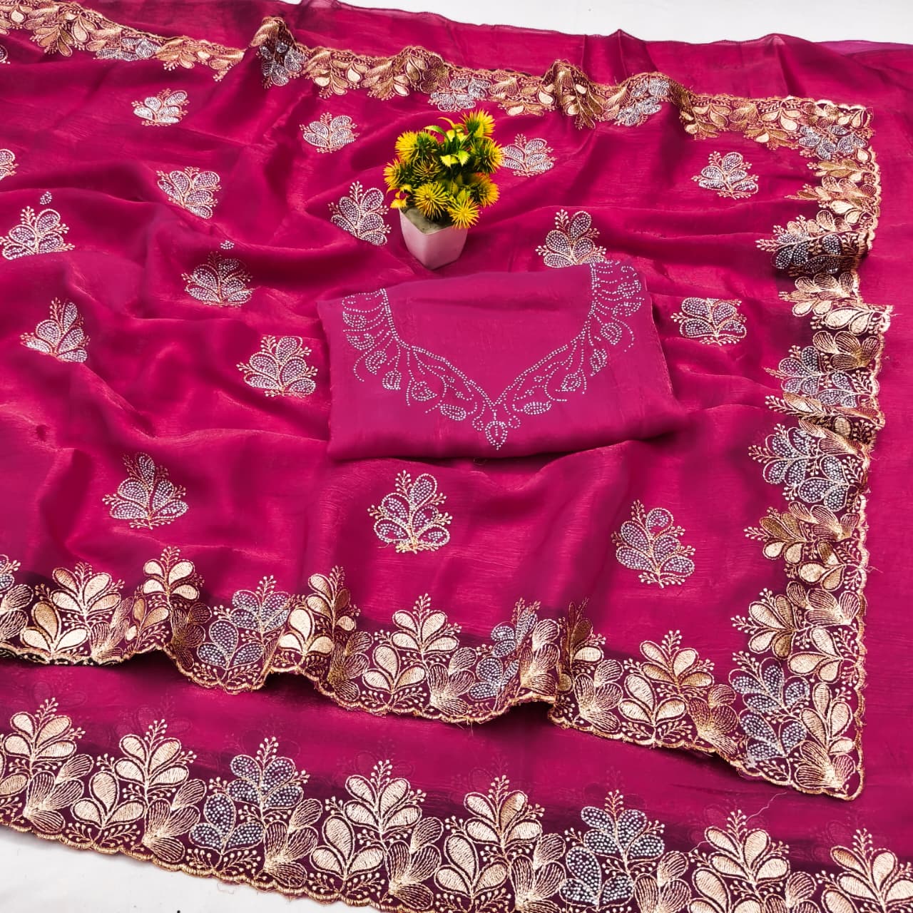 DF-RUBY FENDI FABRIC SAREE WITH BEAUTIFUL DESIGN WITH HEAVY EMBROIDERY WORK WITH HEAVY DMC SIROSKI WORK ON BUTTA WITH HEAVY BLOUSE