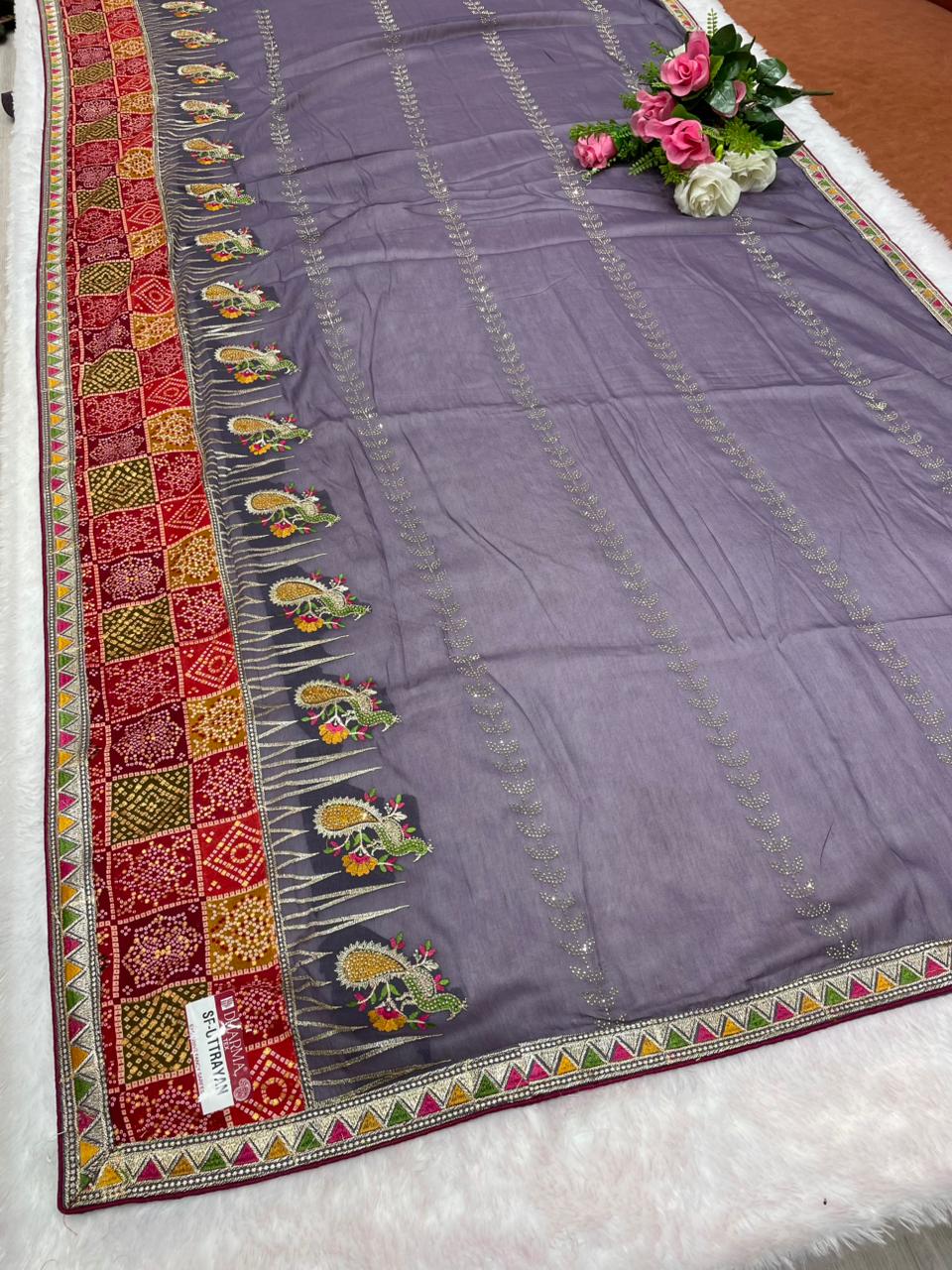 SF-UTTRAYAN Star georgette fabric saree with beautiful bandhani border with embroidery work with thread work beautiful peacock design and dmc siroski work with blouse