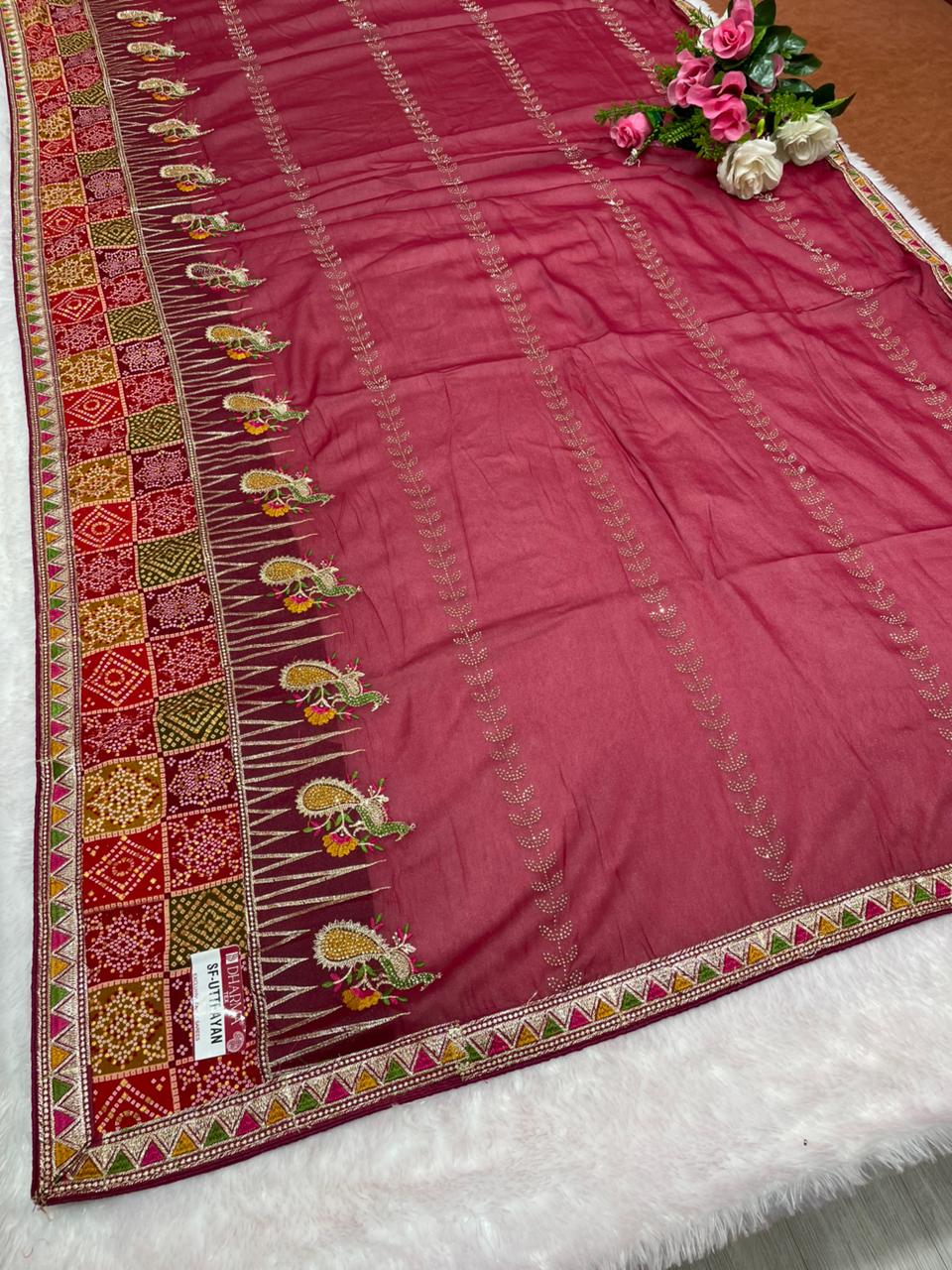 SF-UTTRAYAN Star georgette fabric saree with beautiful bandhani border with embroidery work with thread work beautiful peacock design and dmc siroski work with blouse