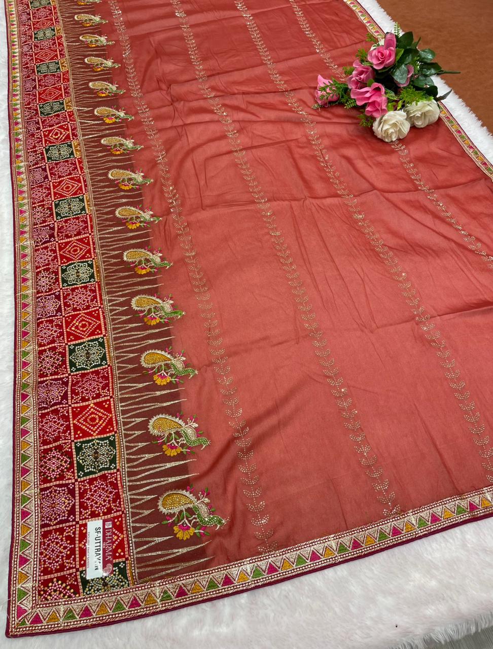 SF-UTTRAYAN Star georgette fabric saree with beautiful bandhani border with embroidery work with thread work beautiful peacock design and dmc siroski work with blouse