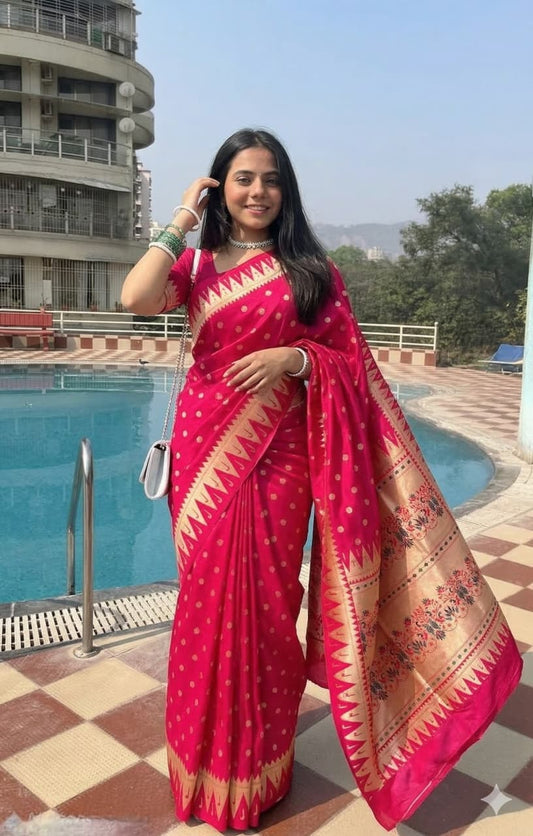 SA-7043 SOFT SILK SAREE WITH BEAUTIFUL DEISGN WITH RICH PALLU AND CONTRAST PAITHANI BORDER WITH BUTTI DEISGN AMD HEAVY TASSELS
