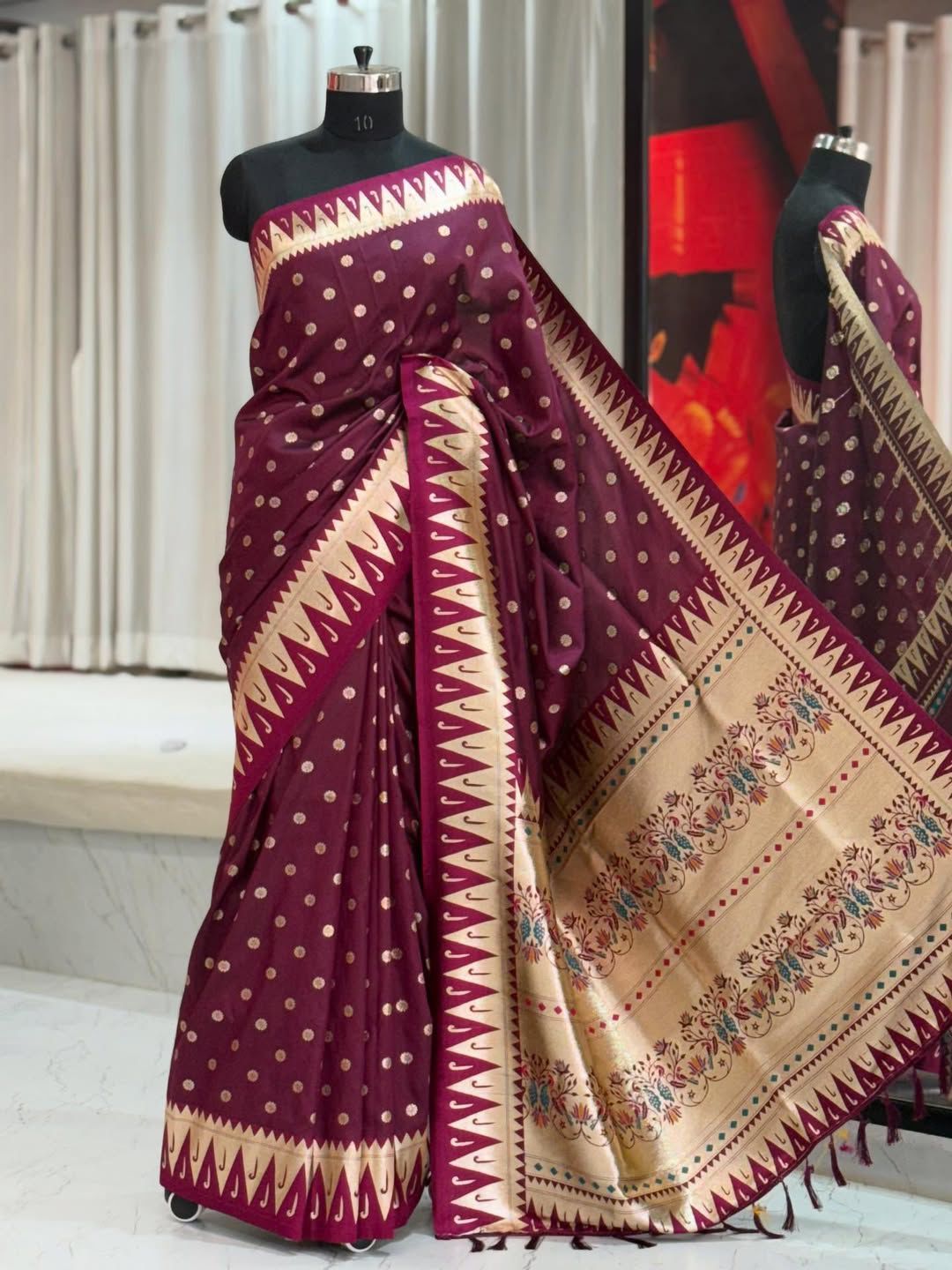SA-7043 SOFT SILK SAREE WITH BEAUTIFUL DEISGN WITH RICH PALLU AND CONTRAST PAITHANI BORDER WITH BUTTI DEISGN AMD HEAVY TASSELS