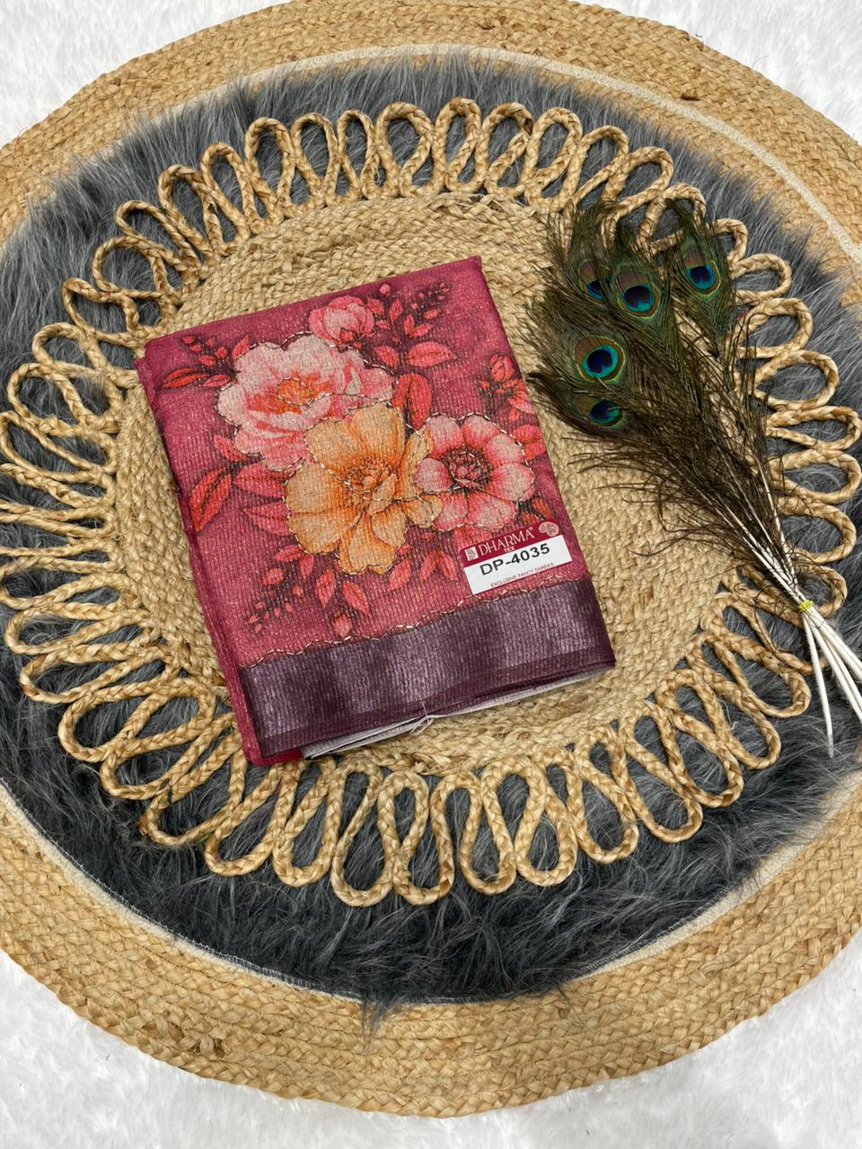 DP-4035 LINEN SIMMER SAREE WITH BEAUTIFUL FLORAL DIGITAL PRINT WITH CATLOG DESIGN WITH HAND WORK AND BLOUSE