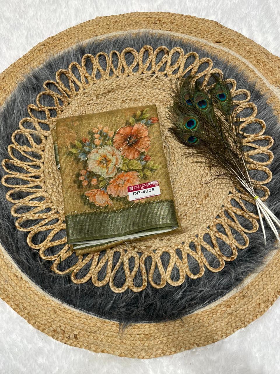 DP-4035 LINEN SIMMER SAREE WITH BEAUTIFUL FLORAL DIGITAL PRINT WITH CATLOG DESIGN WITH HAND WORK AND BLOUSE