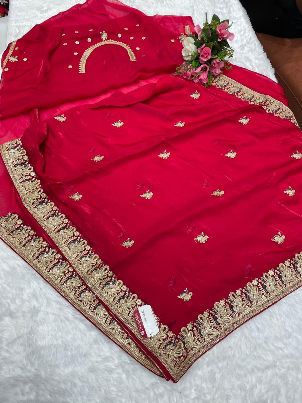 BS-ARUNACHAL Fendi satin saree with beautiful zardosi work with thread and full jarkan work with heavy blouse
