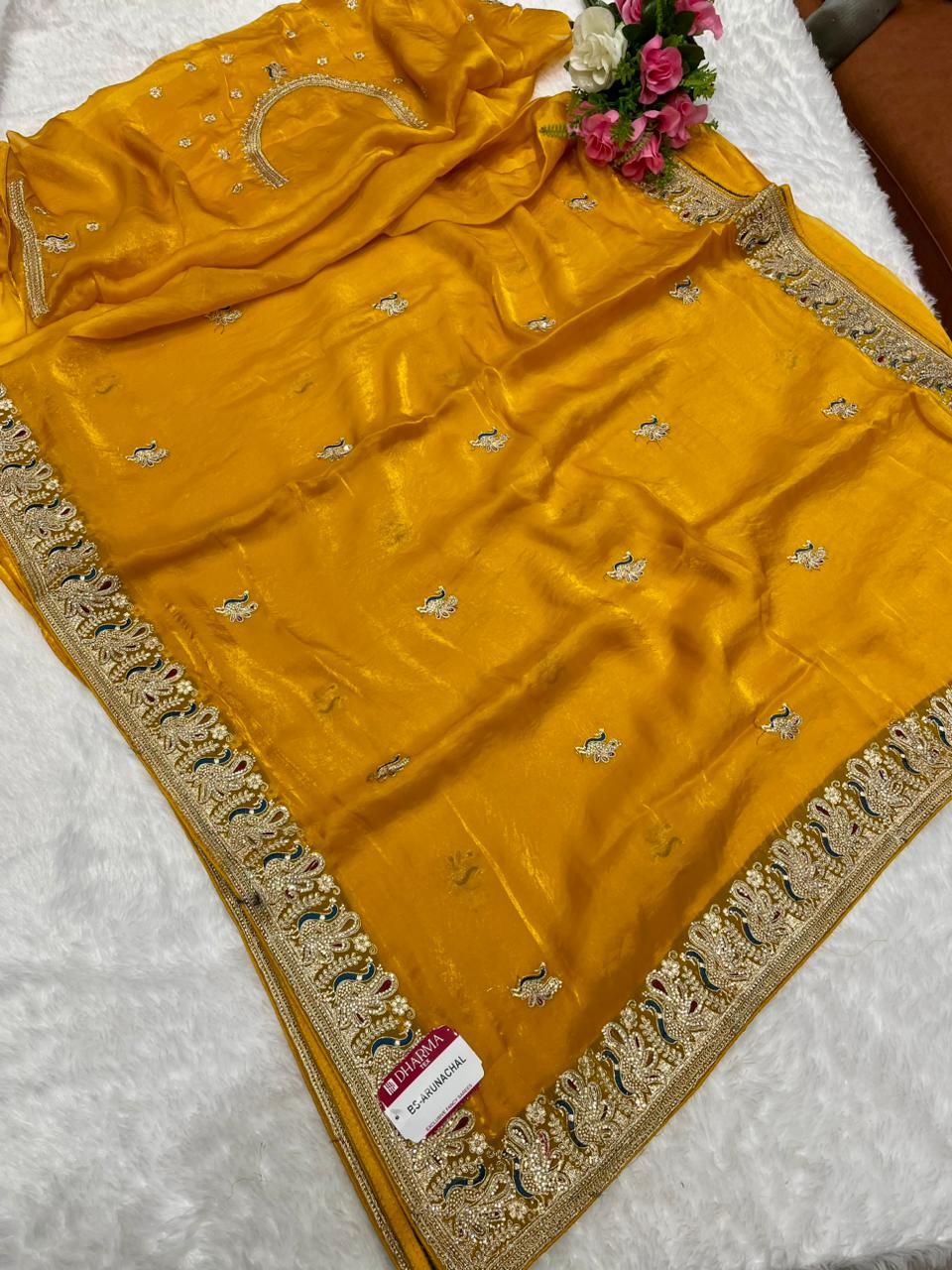 BS-ARUNACHAL Fendi satin saree with beautiful zardosi work with thread and full jarkan work with heavy blouse