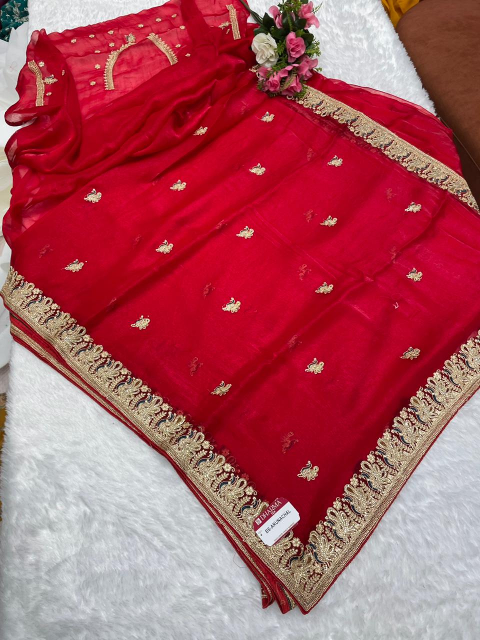 BS-ARUNACHAL Fendi satin saree with beautiful zardosi work with thread and full jarkan work with heavy blouse