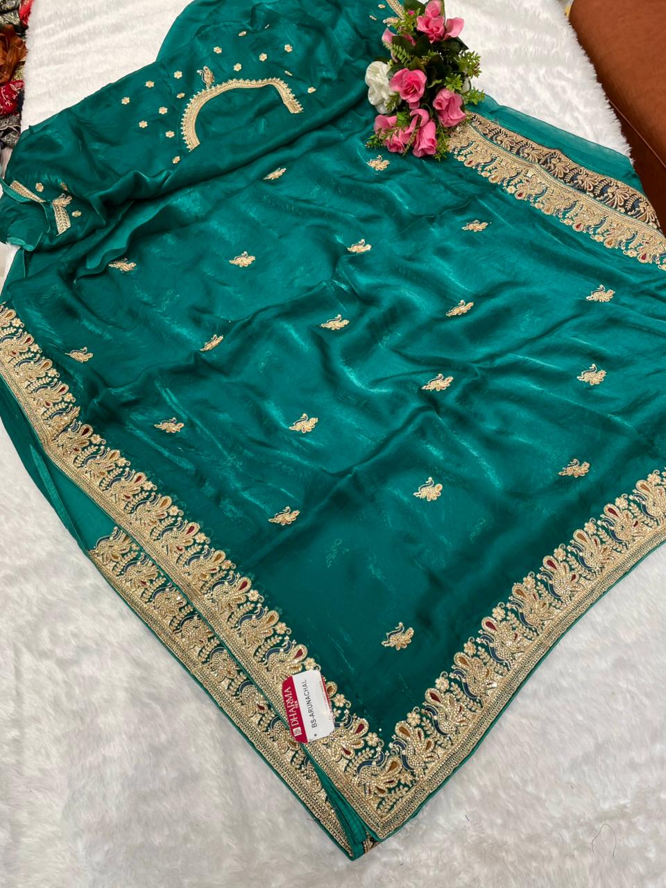 BS-ARUNACHAL Fendi satin saree with beautiful zardosi work with thread and full jarkan work with heavy blouse