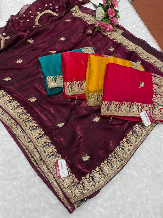 BS-ARUNACHAL Fendi satin saree with beautiful zardosi work with thread and full jarkan work with heavy blouse