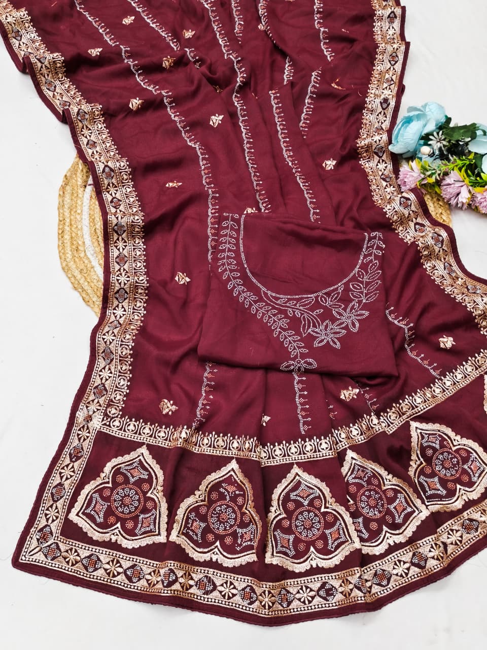 DF-SHREYA STAR GEORGETTE FABRIC SAREE WITH  EMBROIDERY WORK WITH BEAUTIFUL DESIGN WITH MULTI COLOUR DMC SIROSKI WORK  WITH BLOUSE