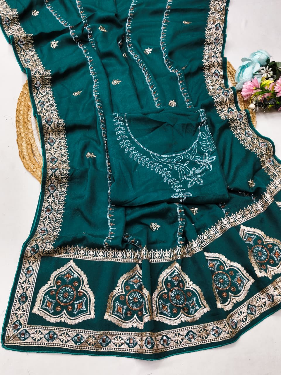 DF-SHREYA STAR GEORGETTE FABRIC SAREE WITH  EMBROIDERY WORK WITH BEAUTIFUL DESIGN WITH MULTI COLOUR DMC SIROSKI WORK  WITH BLOUSE