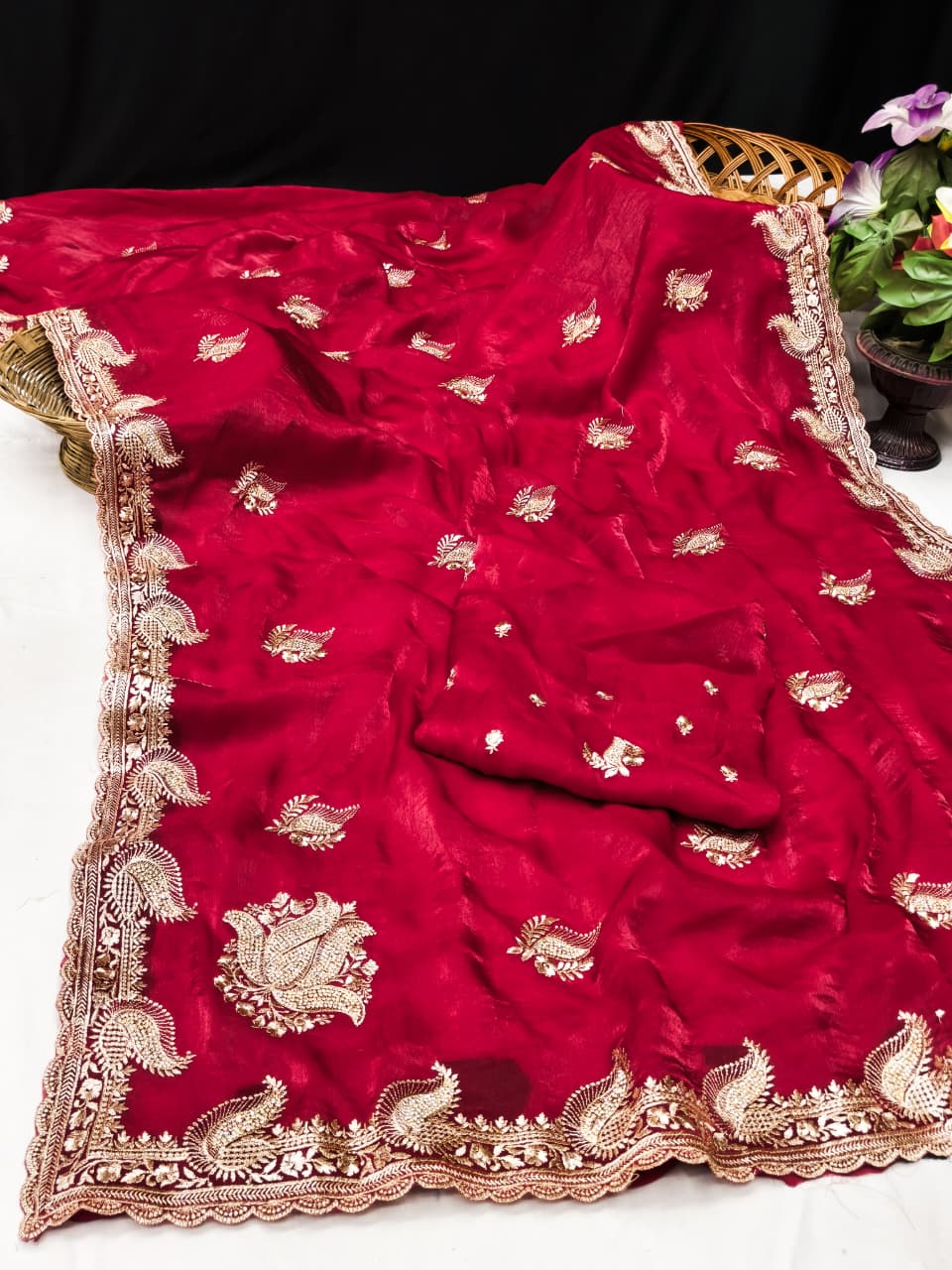 DF-MASTI FENDI CHIFFON FABRIC SAREE WITH BEAUTIFUL EMBROIDERY WORK WITH HEAVY JARKAN WORK WITH BEAUTIFUL DESIGN WITH WORK BLOUSE