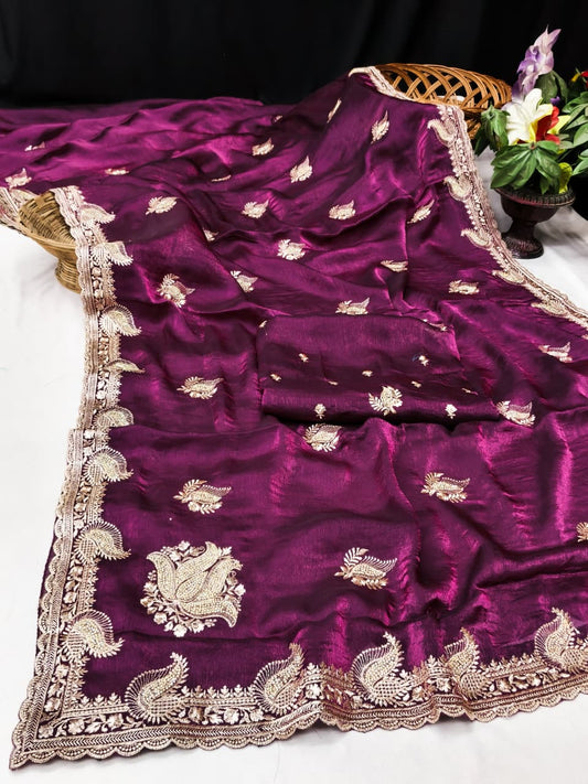 DF-MASTI FENDI CHIFFON FABRIC SAREE WITH BEAUTIFUL EMBROIDERY WORK WITH HEAVY JARKAN WORK WITH BEAUTIFUL DESIGN WITH WORK BLOUSE