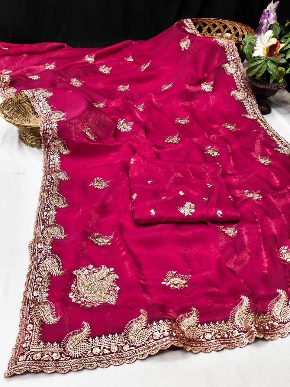 DF-MASTI FENDI CHIFFON FABRIC SAREE WITH BEAUTIFUL EMBROIDERY WORK WITH HEAVY JARKAN WORK WITH BEAUTIFUL DESIGN WITH WORK BLOUSE