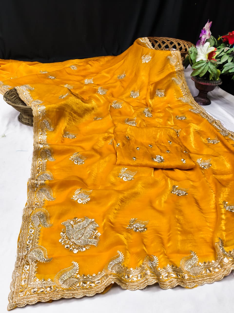 DF-MASTI FENDI CHIFFON FABRIC SAREE WITH BEAUTIFUL EMBROIDERY WORK WITH HEAVY JARKAN WORK WITH BEAUTIFUL DESIGN WITH WORK BLOUSE