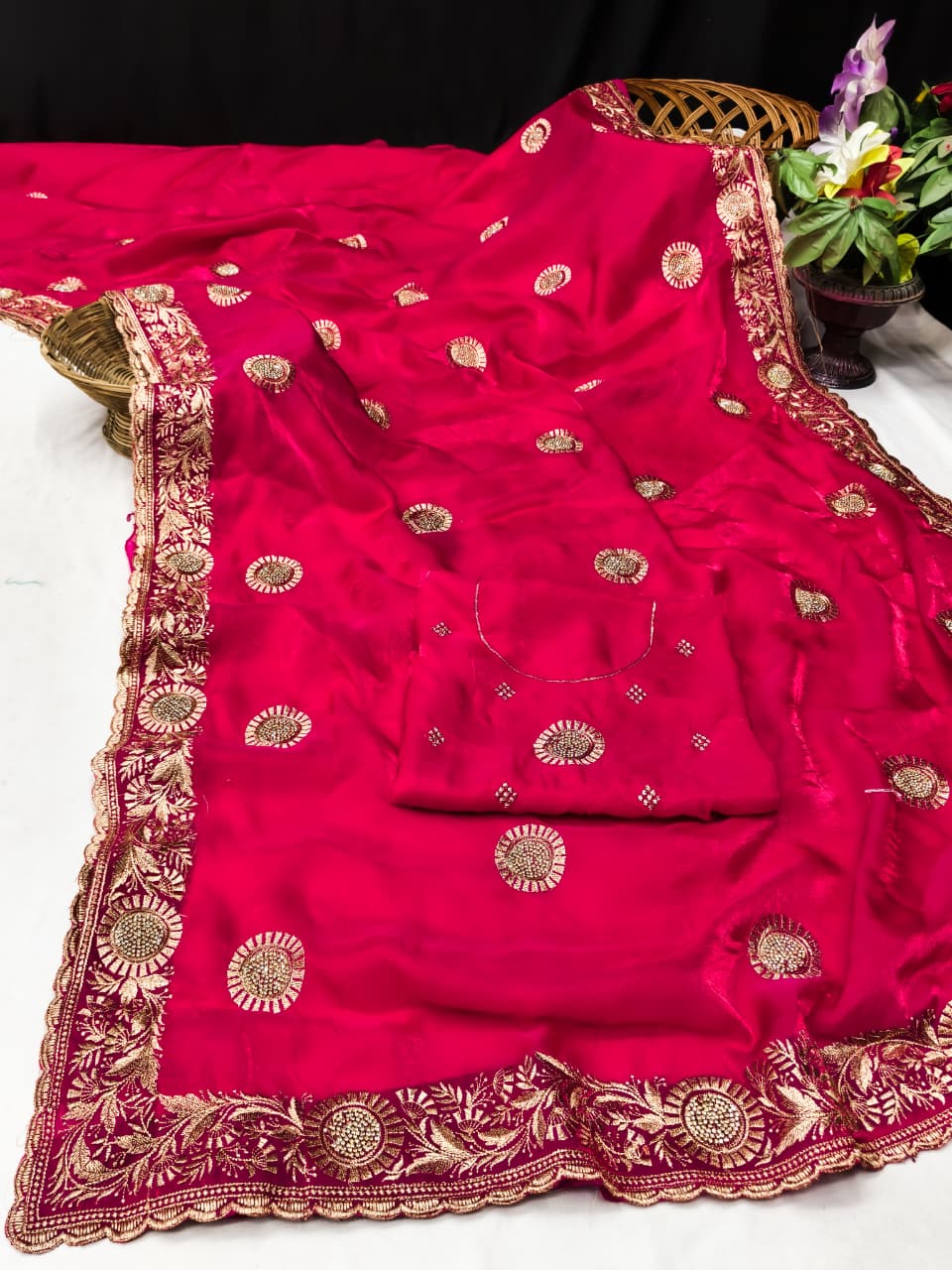 DF-SAKSHI FENDI CHIFFON FABRIC SAREE WITH BEAUTIFUL EMBROIDERY WORK WITH HEAVY JARKAN WORK WITH BEAUTIFUL DESIGN WITH WORK BLOUSE