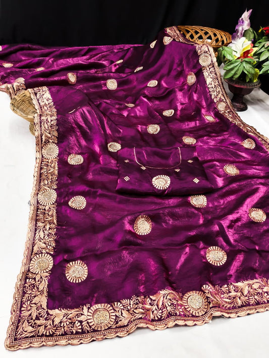 DF-SAKSHI FENDI CHIFFON FABRIC SAREE WITH BEAUTIFUL EMBROIDERY WORK WITH HEAVY JARKAN WORK WITH BEAUTIFUL DESIGN WITH WORK BLOUSE