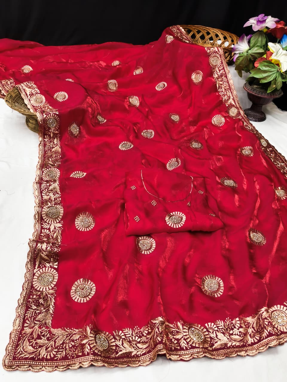 DF-SAKSHI FENDI CHIFFON FABRIC SAREE WITH BEAUTIFUL EMBROIDERY WORK WITH HEAVY JARKAN WORK WITH BEAUTIFUL DESIGN WITH WORK BLOUSE