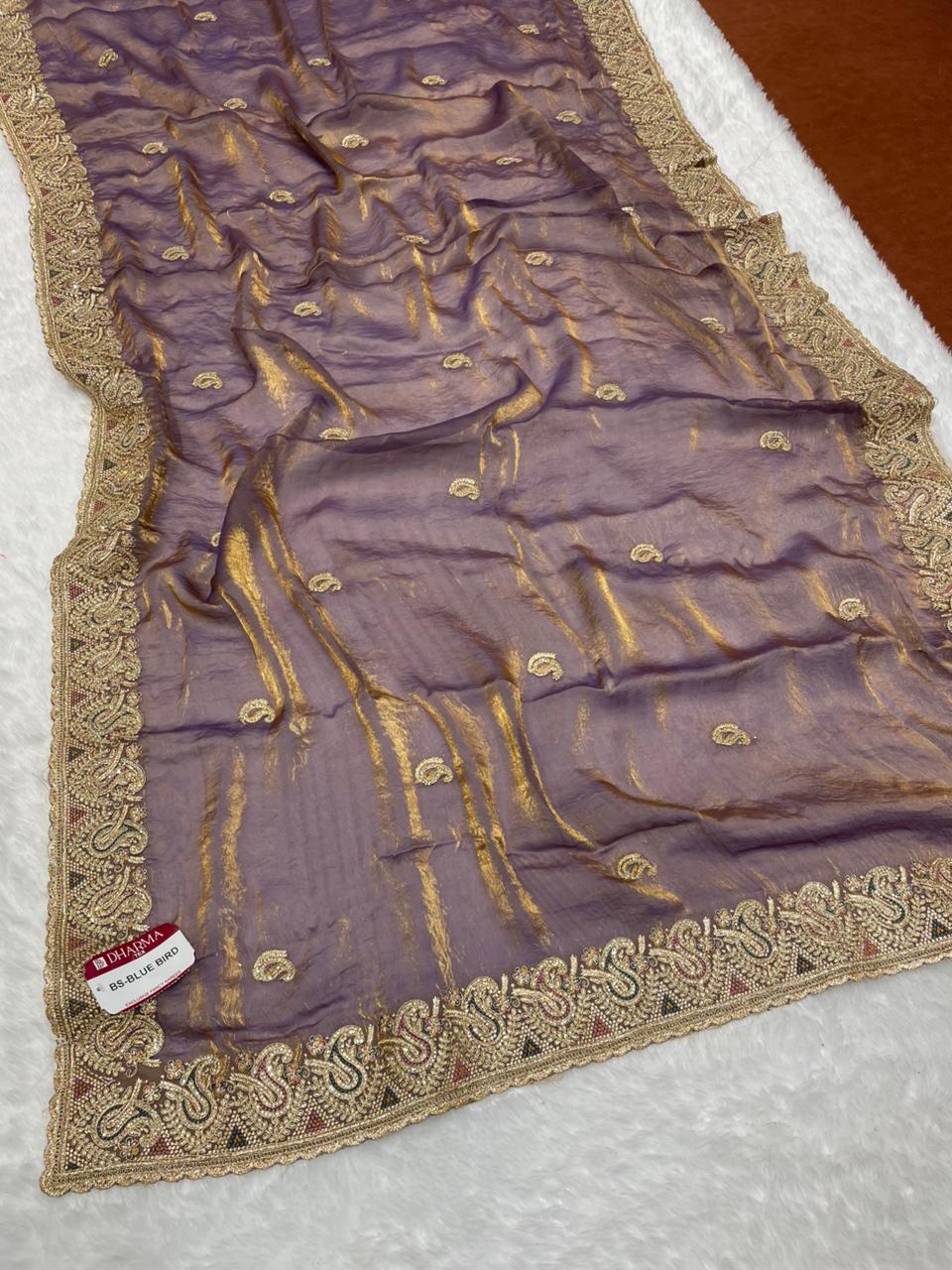 BS-BLUE BIRD SATIN FABRIC SAREE WITH BEAUTIFUL DESIGN WITH ZARDOSHI WORK WITH THREAD WORK AND JARKAN WORK WITH HEAVY WORK BLOUSE