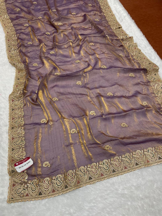 BS-BLUE BIRD SATIN FABRIC SAREE WITH BEAUTIFUL DESIGN WITH ZARDOSHI WORK WITH THREAD WORK AND JARKAN WORK WITH HEAVY WORK BLOUSE
