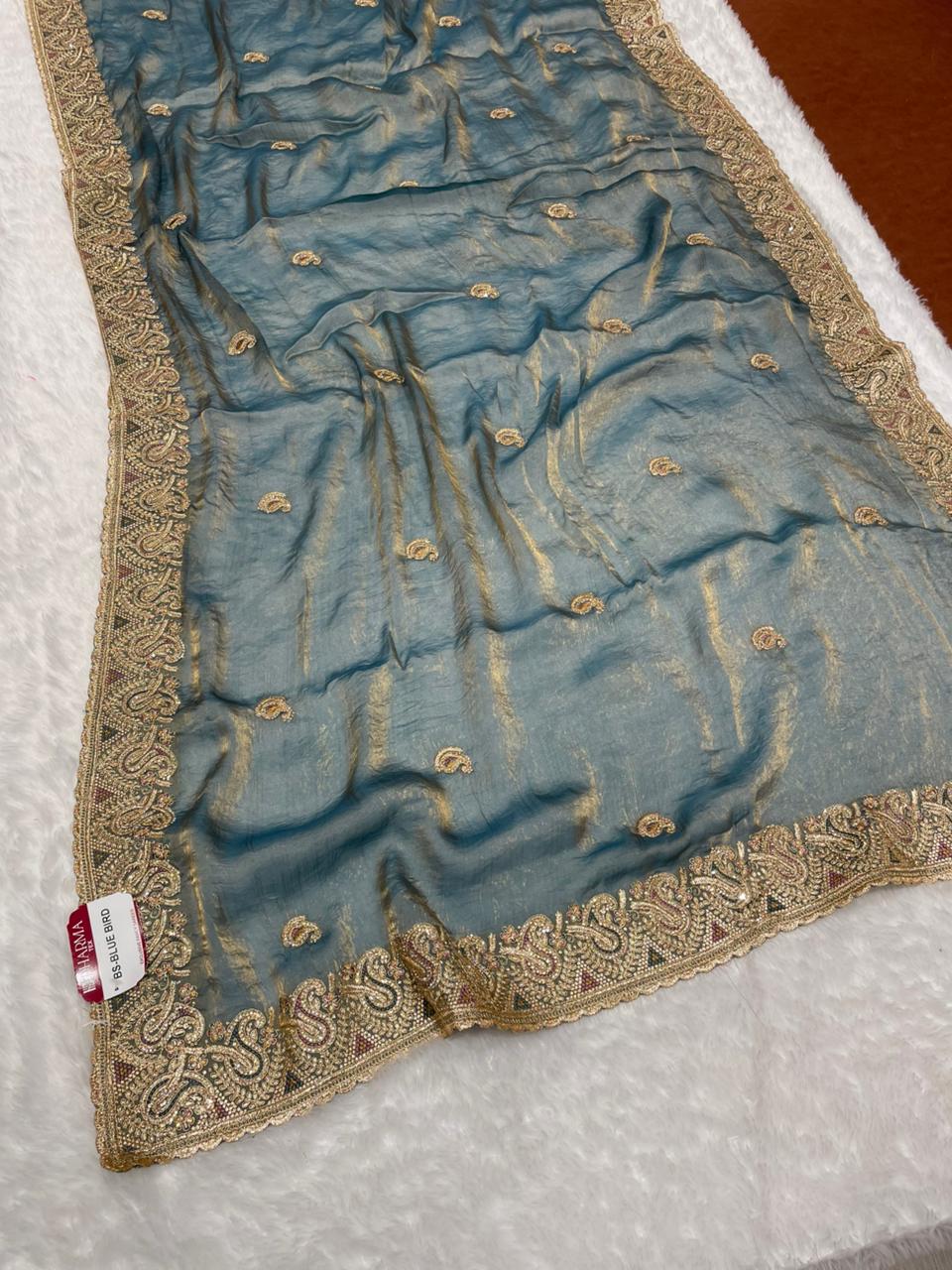 BS-BLUE BIRD SATIN FABRIC SAREE WITH BEAUTIFUL DESIGN WITH ZARDOSHI WORK WITH THREAD WORK AND JARKAN WORK WITH HEAVY WORK BLOUSE