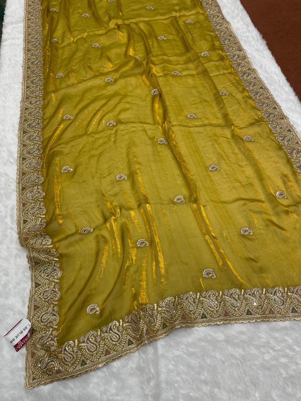 BS-BLUE BIRD SATIN FABRIC SAREE WITH BEAUTIFUL DESIGN WITH ZARDOSHI WORK WITH THREAD WORK AND JARKAN WORK WITH HEAVY WORK BLOUSE