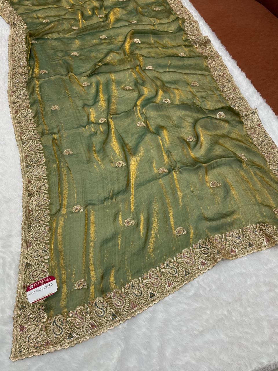 BS-BLUE BIRD SATIN FABRIC SAREE WITH BEAUTIFUL DESIGN WITH ZARDOSHI WORK WITH THREAD WORK AND JARKAN WORK WITH HEAVY WORK BLOUSE