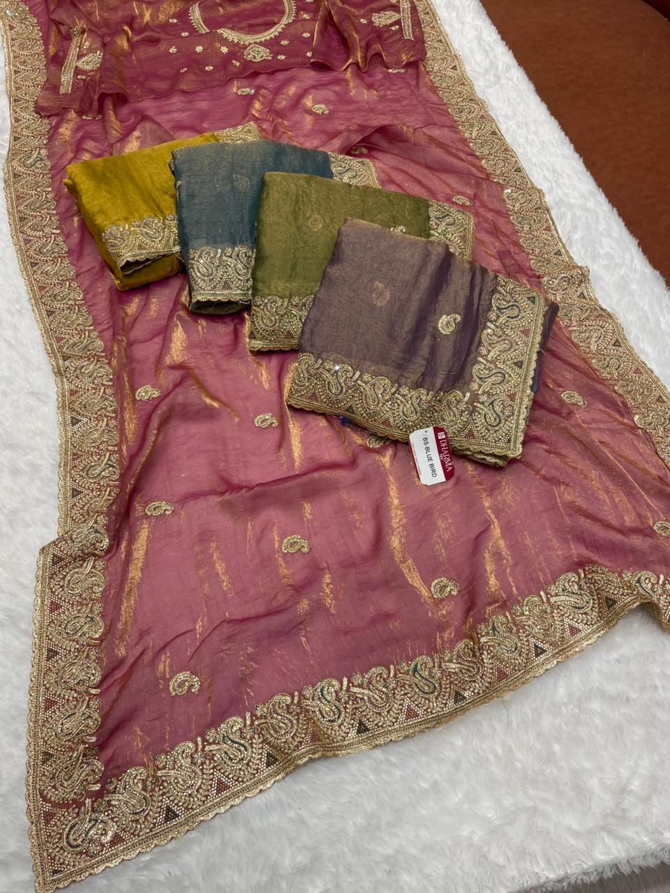 BS-BLUE BIRD SATIN FABRIC SAREE WITH BEAUTIFUL DESIGN WITH ZARDOSHI WORK WITH THREAD WORK AND JARKAN WORK WITH HEAVY WORK BLOUSE