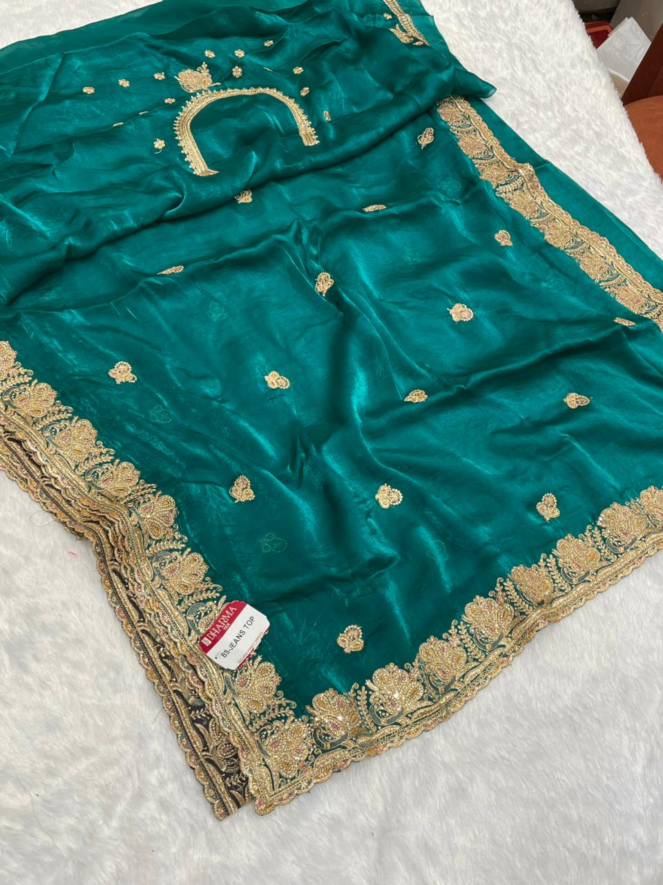 BS-JEANS TOP SATIN SAREE WITH BEAUTIFUL HEAVY EMBROIDERY ZARDOSI WORK WITH THREAD AND JARKAN WORK WITH HEAVY BLOUSE