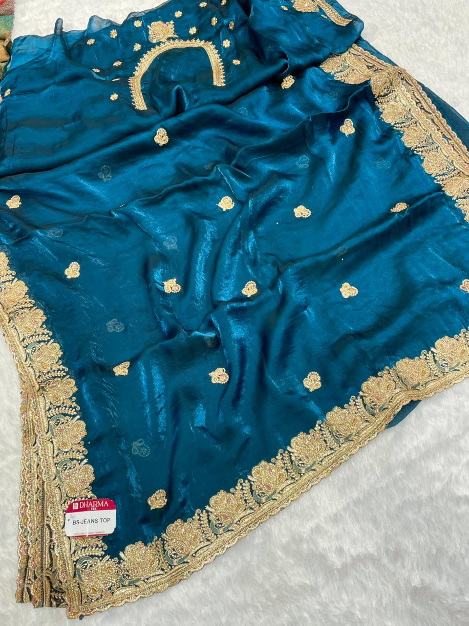 BS-JEANS TOP SATIN SAREE WITH BEAUTIFUL HEAVY EMBROIDERY ZARDOSI WORK WITH THREAD AND JARKAN WORK WITH HEAVY BLOUSE